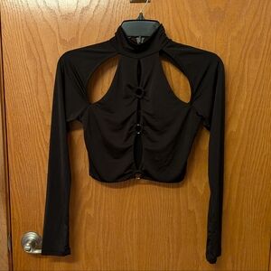 Black Long-Sleeve Cutout Ring-Front Crop Top